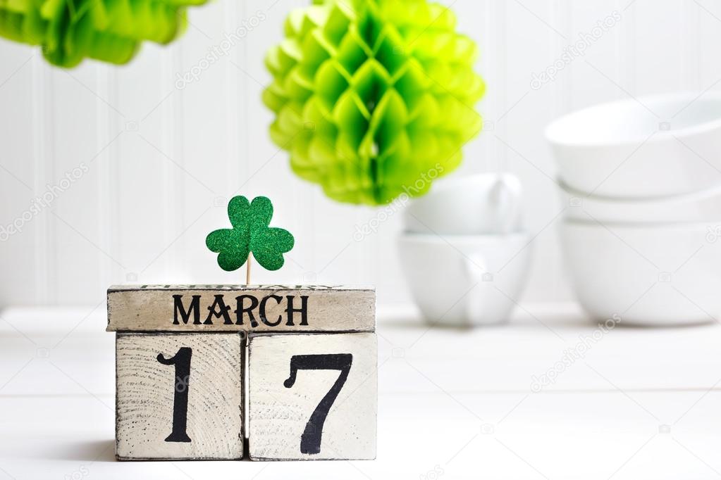 Saint Patricks Day green clover with calendar