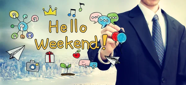 Pengusaha menggambar konsep Hello Weekend — Stok Foto