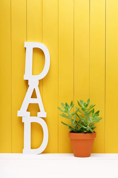 Vader tekst letters met plant op gele houten achtergrond — Stockfoto