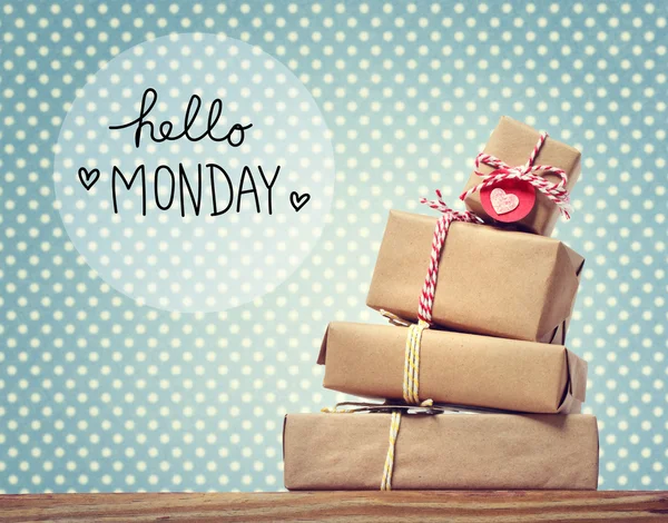 Hello Monday message with gift boxes — Stock Photo, Image