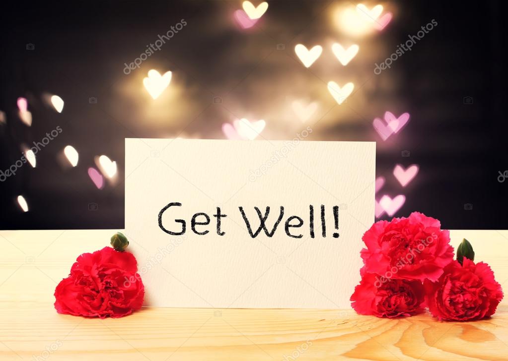 Get Well message card with carnation flowers and heart shaped lights