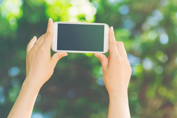 Mulher usando seu smartphone na floresta — Fotografia de Stock