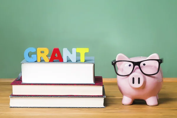 Education grant theme with pink piggy bank on top of books — Stock Photo, Image