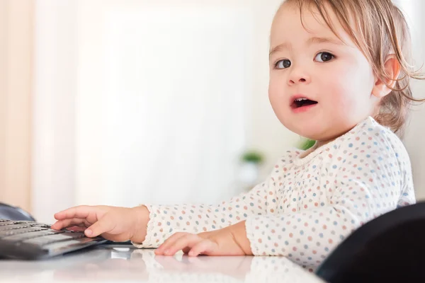 Peuter meisje typen op haar computertoetsenbord — Stockfoto