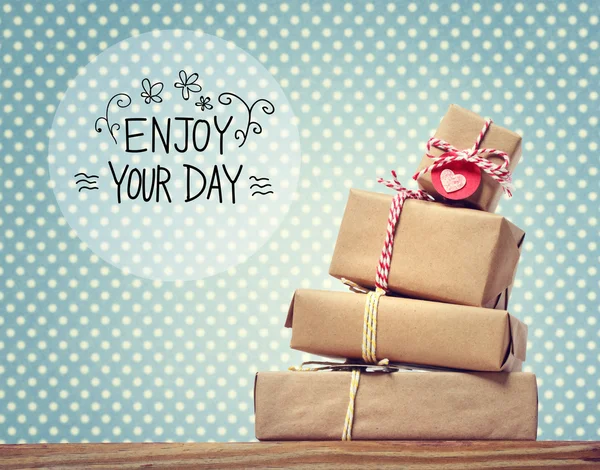 Enjoy Your Day message with gift boxes — Stock Photo, Image