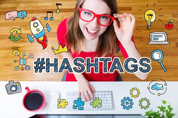 Hashtags concept with young woman — Stock Photo, Image