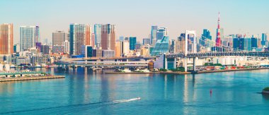 Tokyo Körfezi ve Tokyo siluetinin manzarasına sahip