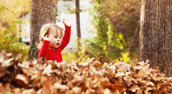 Girl playing in autumn leaves — Stock Photo, Image