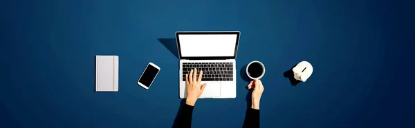 Persoon die een laptop gebruikt met een spaarvarken — Stockfoto