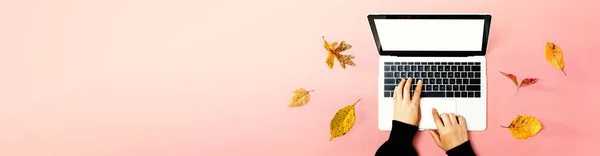 ノートパソコンを使用している人と秋の葉 — ストック写真