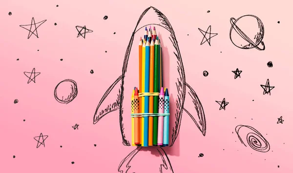 Powrót do tematu szkoły z ręcznie rysowane rakiety i ołówki — Zdjęcie stockowe