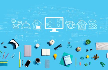 Elektronik cihazlar ve ofis malzemeleriyle online buluşma teması