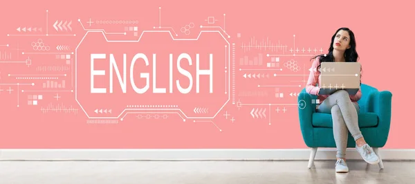 Concepto inglés con mujer usando un portátil — Foto de Stock