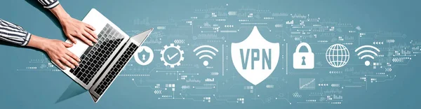VPN έννοια με πρόσωπο που χρησιμοποιεί φορητό υπολογιστή — Φωτογραφία Αρχείου