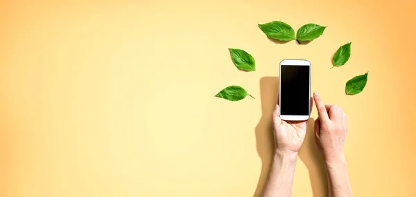 Person hält Smartphone mit grünen Blättern — Stockfoto