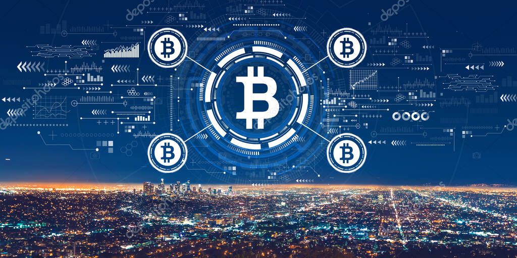 Bitcoin theme with downtown Los Angeles at night