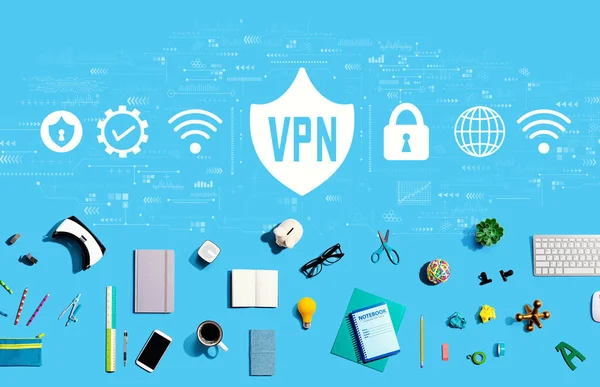 Concept VPN avec gadgets électroniques et fournitures de bureau — Photo