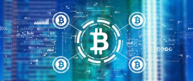 Şehir merkezindeki ufuk çizgisi ile Bitcoin teması