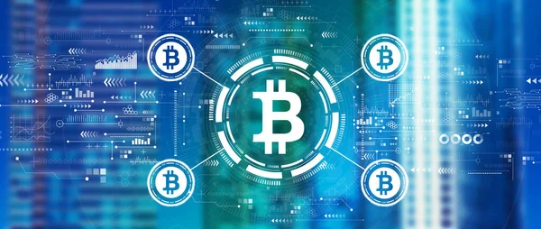 Şehir merkezindeki ufuk çizgisi ile Bitcoin teması
