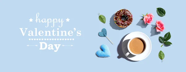 Valentines Day message with a cup of coffee and a donut — Stock Photo, Image