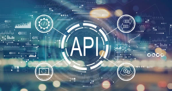 API - concepto de interfaz de programación de aplicaciones con luces borrosas de la ciudad —  Fotos de Stock