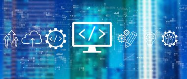 Şehir merkezindeki ufuk çizgisi ile web geliştirme kavramı