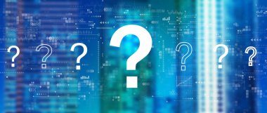 Şehir merkezindeki ufuk çizgisinde soru işaretleri