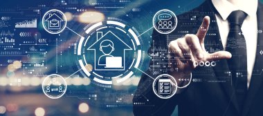 Şehir arka planında bir adamla Uzak Çalışma teması