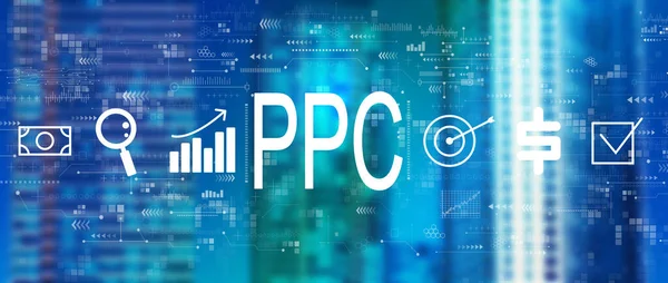 PPC - Concetto Pay per click con skyline del centro — Foto Stock