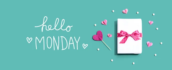 Hello Monday message with a gift box and hearts — Stock Photo, Image