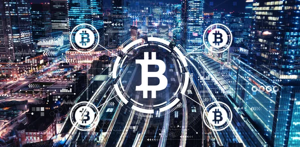 Bitcoin thema met een groot treinstation — Stockfoto