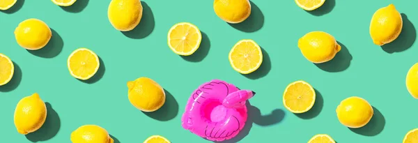 夏天的概念与粉红火烈鸟浮动和柠檬 — 图库照片
