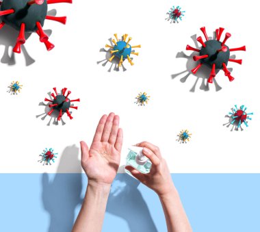 Salgın gribi olan dezenfektan jeli uygulanıyor.