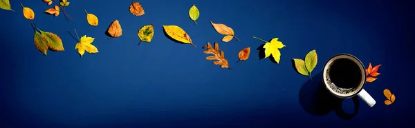 Осенние листья с чашкой кофе — стоковое фото