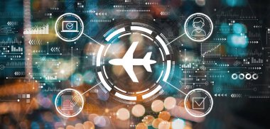 Bulanık şehir ışıklarıyla uçuş bileti rezervasyonu kavramı