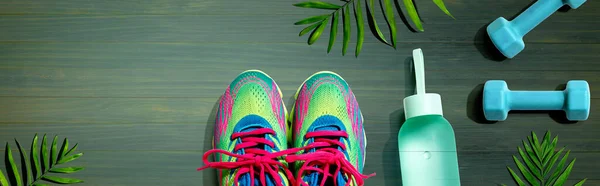 Scarpe fitness e manubri con piante tropicali — Foto Stock