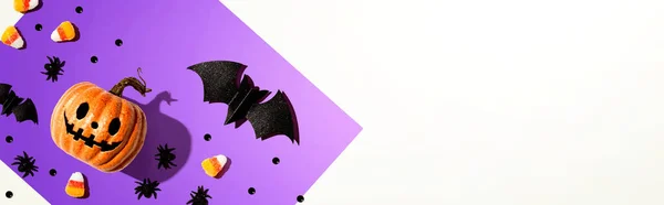 Halloween-Kürbisgeist mit Fledermaus und Spinnen — Stockfoto