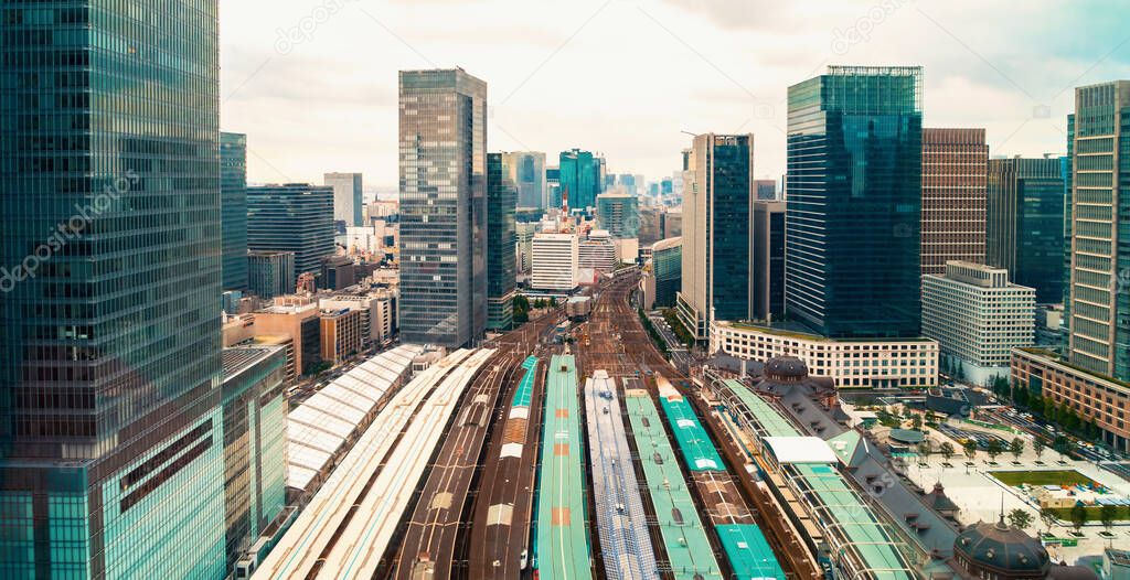 Aerial view of trains in Tokyo station, Japan