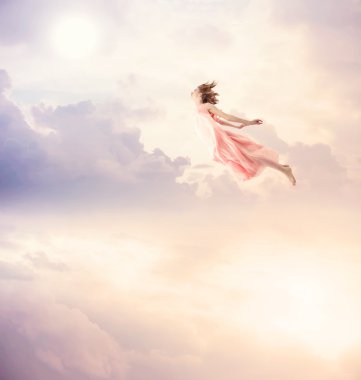 Girl in a pink dress flying in the sky clipart