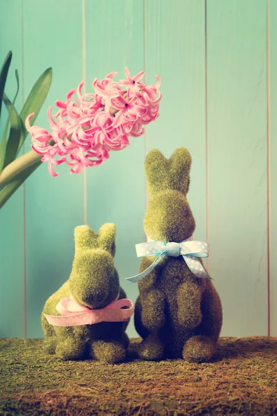 Easter bunnies with hyacinth — Stock Photo, Image