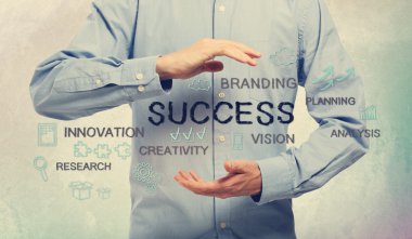 Adam ve el yazısı karikatür ile başarı kavramı