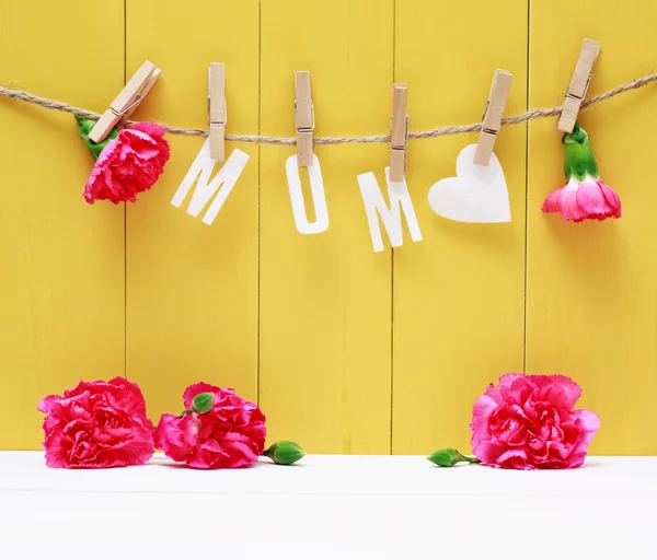 Colgando letras de mamá con flores de clavel — Foto de Stock