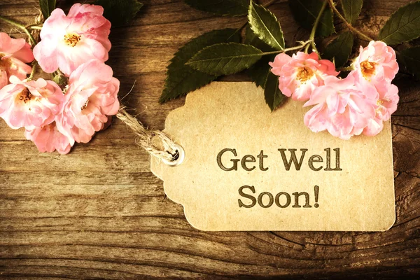 Get Well Soon tekstkaartje met kleine rozen — Stockfoto