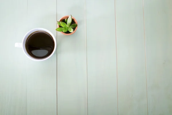 Tasse Kaffee und kleine Pflanze — Stockfoto