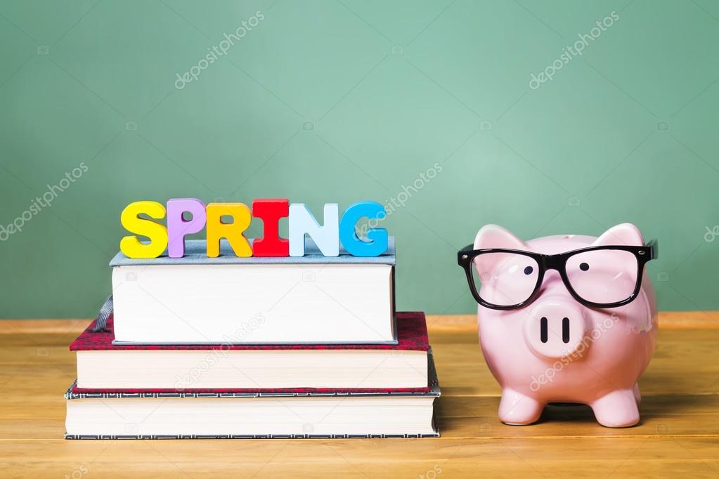 Spring Semester theme with textbooks and piggy bank