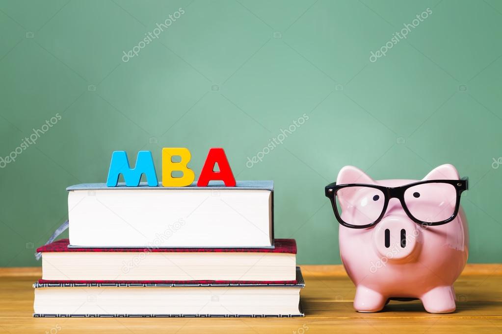 MBA degree theme with textbooks and piggy bank