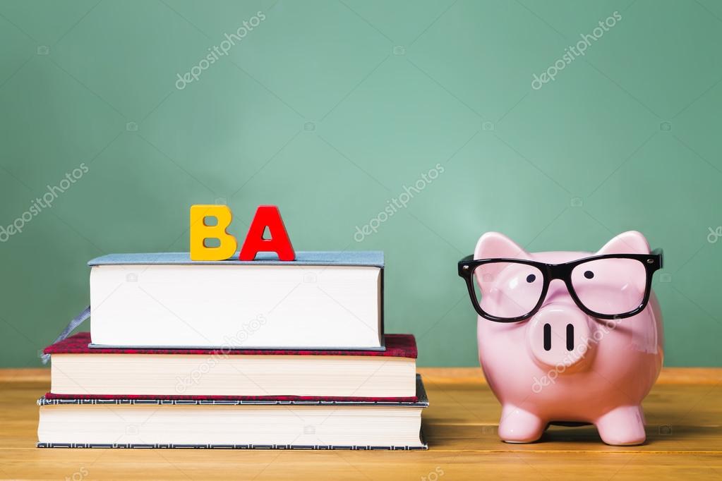 Bachelor of Arts degree theme with textbooks and piggy bank