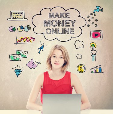Make Money Online kavramı ve dizüstü bilgisayar ile kadın