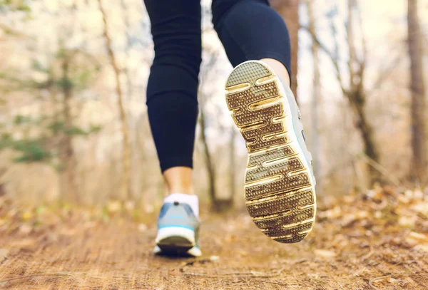 Kobieta jogging w lesie jesienią o zmierzchu — Zdjęcie stockowe