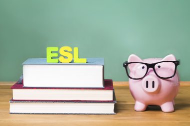 ESL theme with pink piggy bank with chalkboard clipart